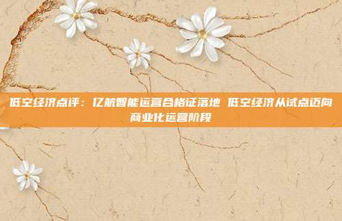 低空经济点评:亿航智能运营合格证落地 低空经济从试点迈向商业化运营阶段